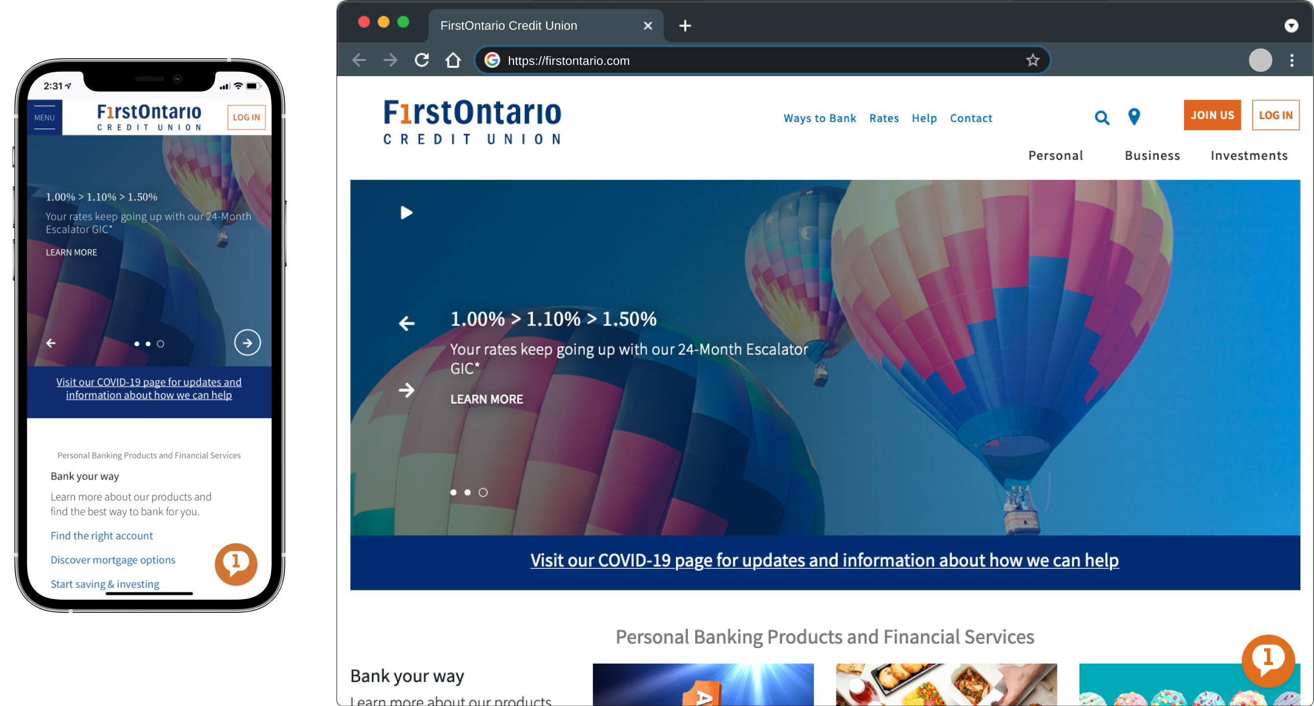 Public Site example, mobile and desktop
